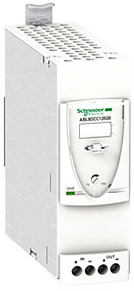 Un alimentatore switching bianco del marchio Schneider Electric con etichetta 'ABL8DCC12030' e morsetti sul lato frontale.