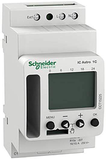 Un interruttore programmabile per orologi con display e tasti di controllo di Schneider Electric, montabile su guida DIN.