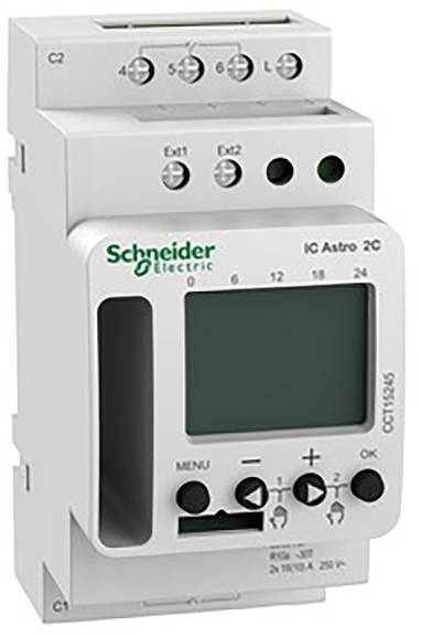 Orologio programmatore di Schneider Electric con display digitale e tasti di controllo, per la gestione di dispositivi elettrici secondo un programma orario.