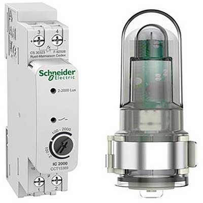 Dispositivo industriale: A sinistra un relè temporizzatore di Schneider Electric, a destra un componente sensore trasparente, entrambi per l'automazione industriale.