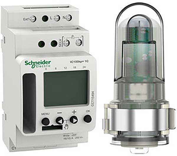Dispositivo elettronico di controllo di Schneider Electric accanto a un relè a vetro. Entrambi sono adatti a applicazioni industriali.