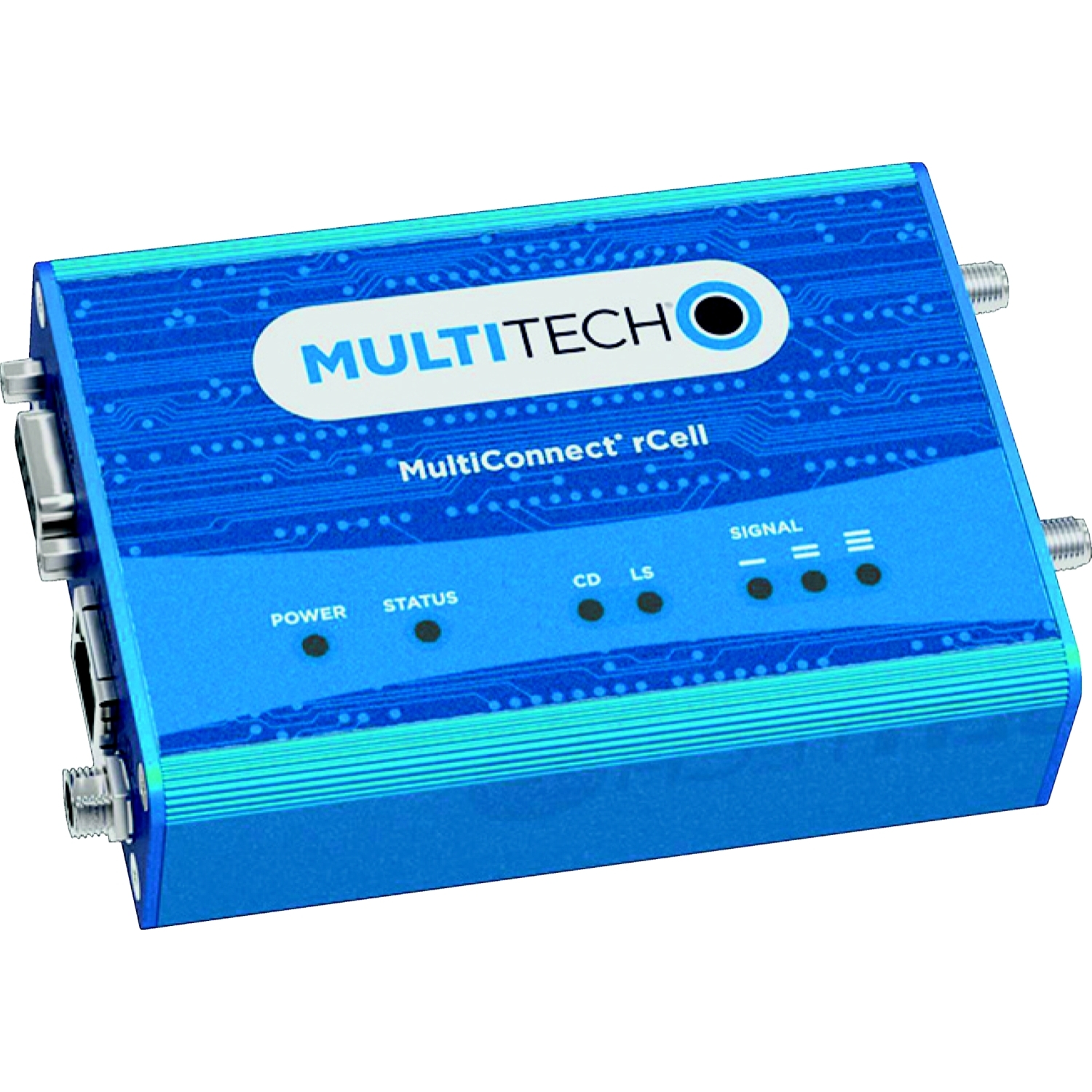 Un modem cellulare MultiTech MultiConnect rCell blu con diversi indicatori LED per Alimentazione, Stato, CD, LS e Segnale, nonché connettori sui lati.