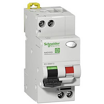 Un interruttore di protezione bianco di Schneider Electric con pulsanti 'ON' (verde) e 'OFF' (rosso), modello N40VIGI, con marcatura IEC 60047-2.