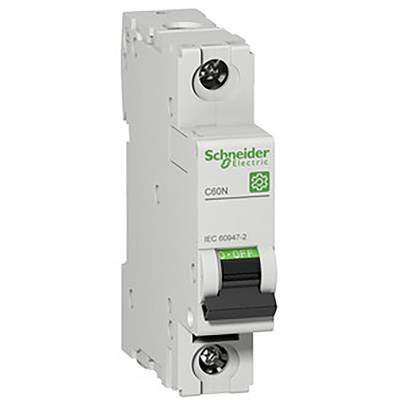 Un interruttore automatico bianco di Schneider Electric, modello C60N, con un interruttore a levetta nero e la scritta 'ON'/'OFF'.