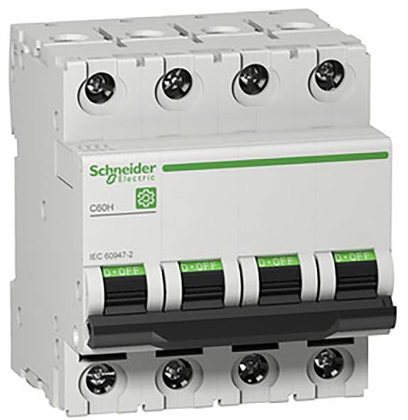 Interruttore automatico 'Schneider Electric' C60H con pulsanti di accensione e spegnimento verdi, 4 poli, idoneo per la protezione elettrica da sovracorrente.