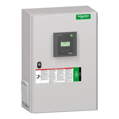 Un quadro elettrico Schneider Electric con un display digitale e avvisi di sicurezza sul lato frontale.
