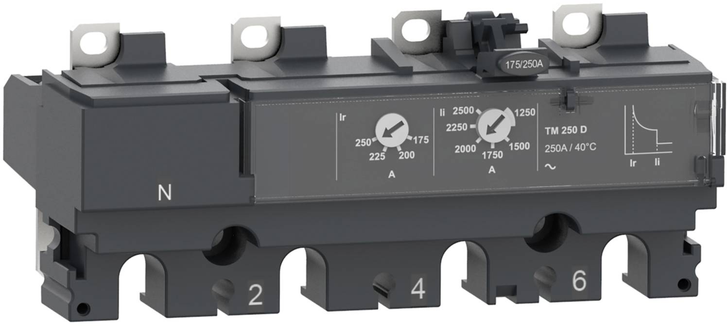 Interruttore elettrico con etichette: corrente (A) da 225 a 2500, marcatura fase 'N', numerazione '2', '4', '6'.