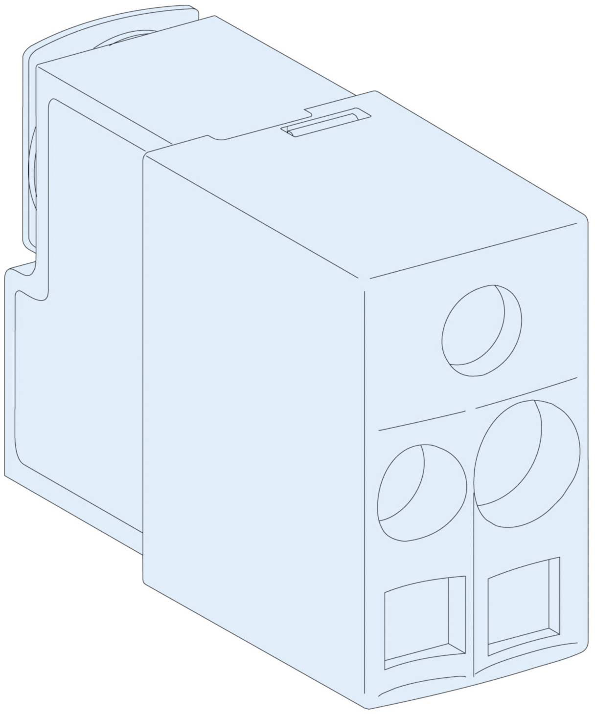 Disegno di un modulo di connessione elettrico con bordi arrotondati e molteplici connettori sulla parte frontale.