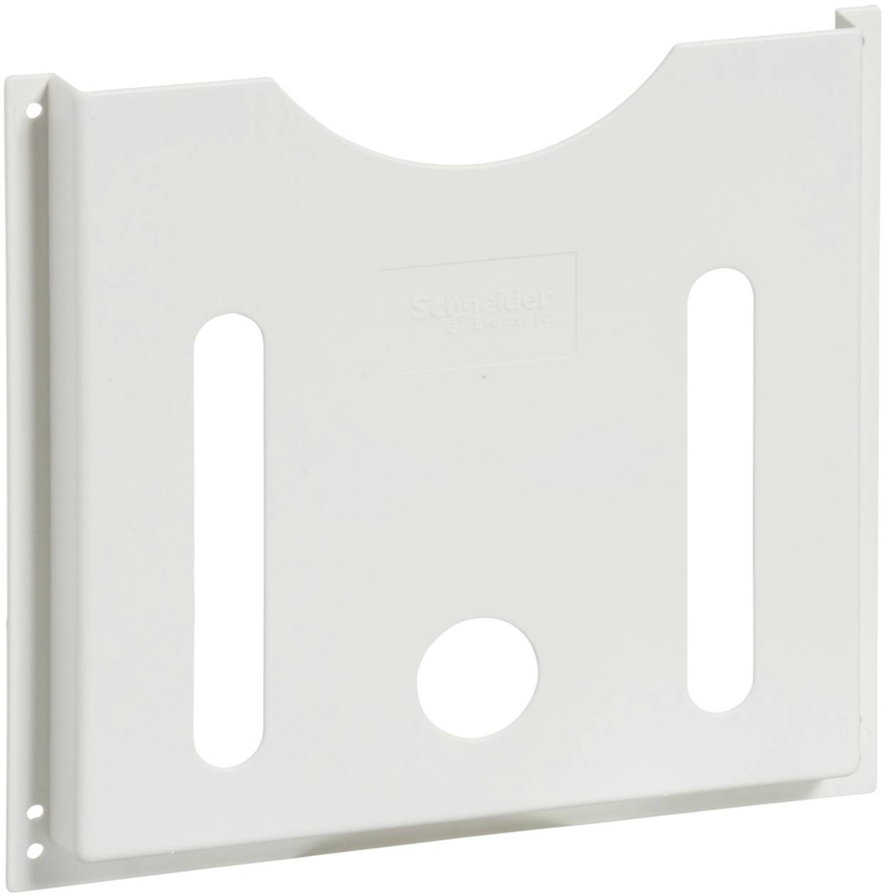 Supporto in plastica bianco di forma allungata con un'apertura circolare nella parte inferiore, idoneo per il montaggio a parete.