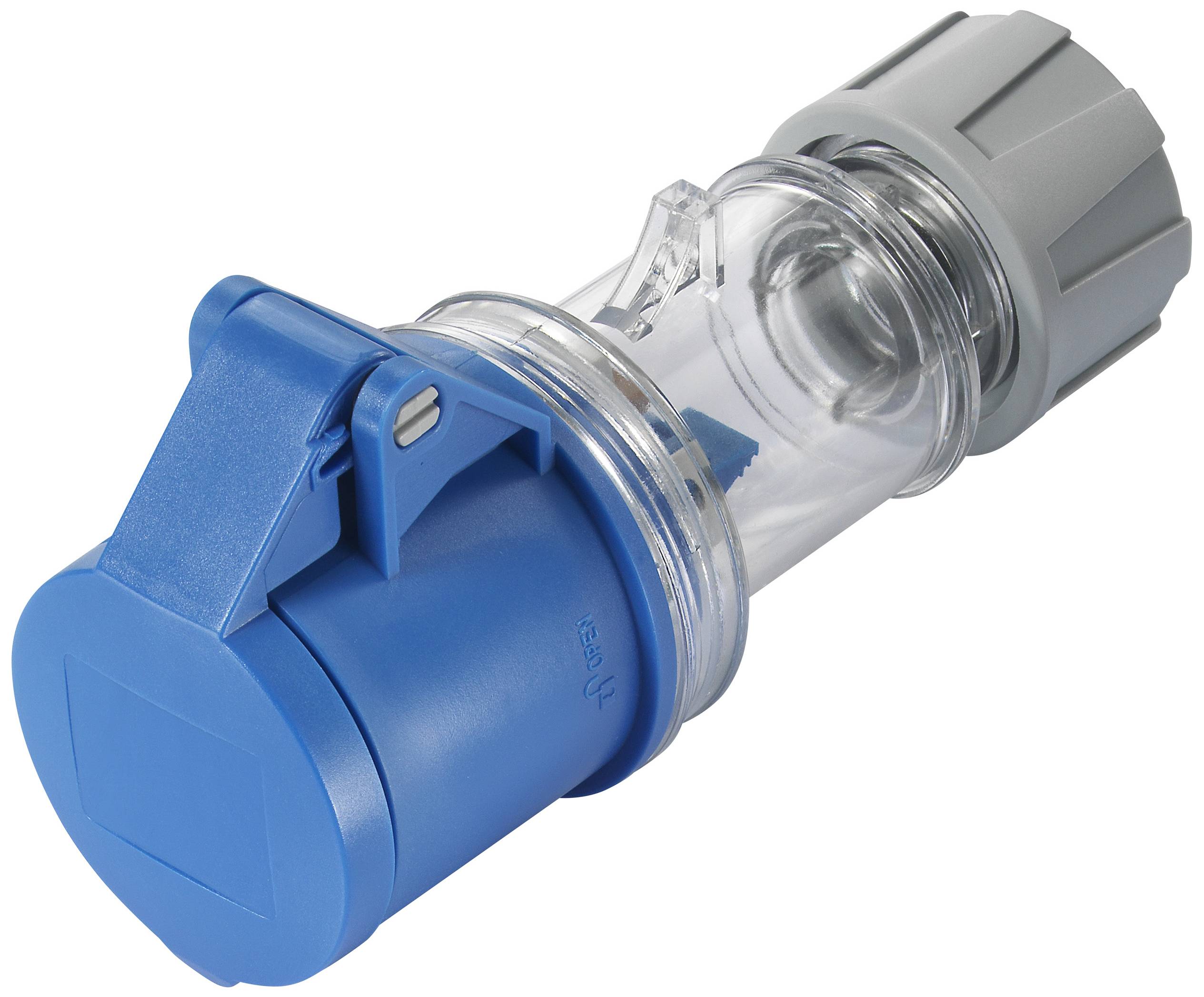 Un connettore industriale blu con un involucro trasparente e un coperchio a vite grigio. Adatto per connessioni elettriche.