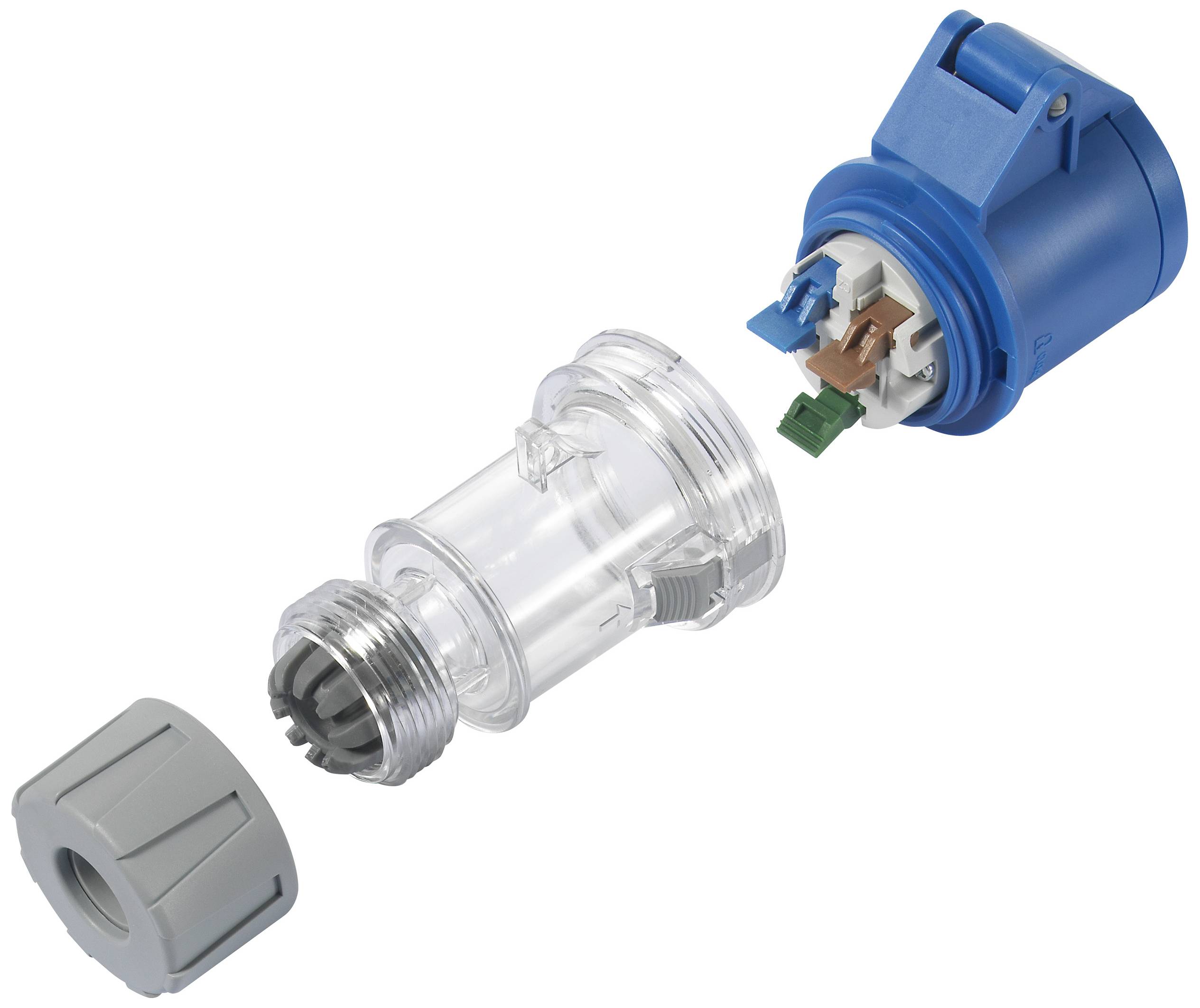 Un dispositivo di misurazione del flusso trasparente, smontabile, con coperchio blu, filettatura grigia e connessioni colorate per i cablaggi.
