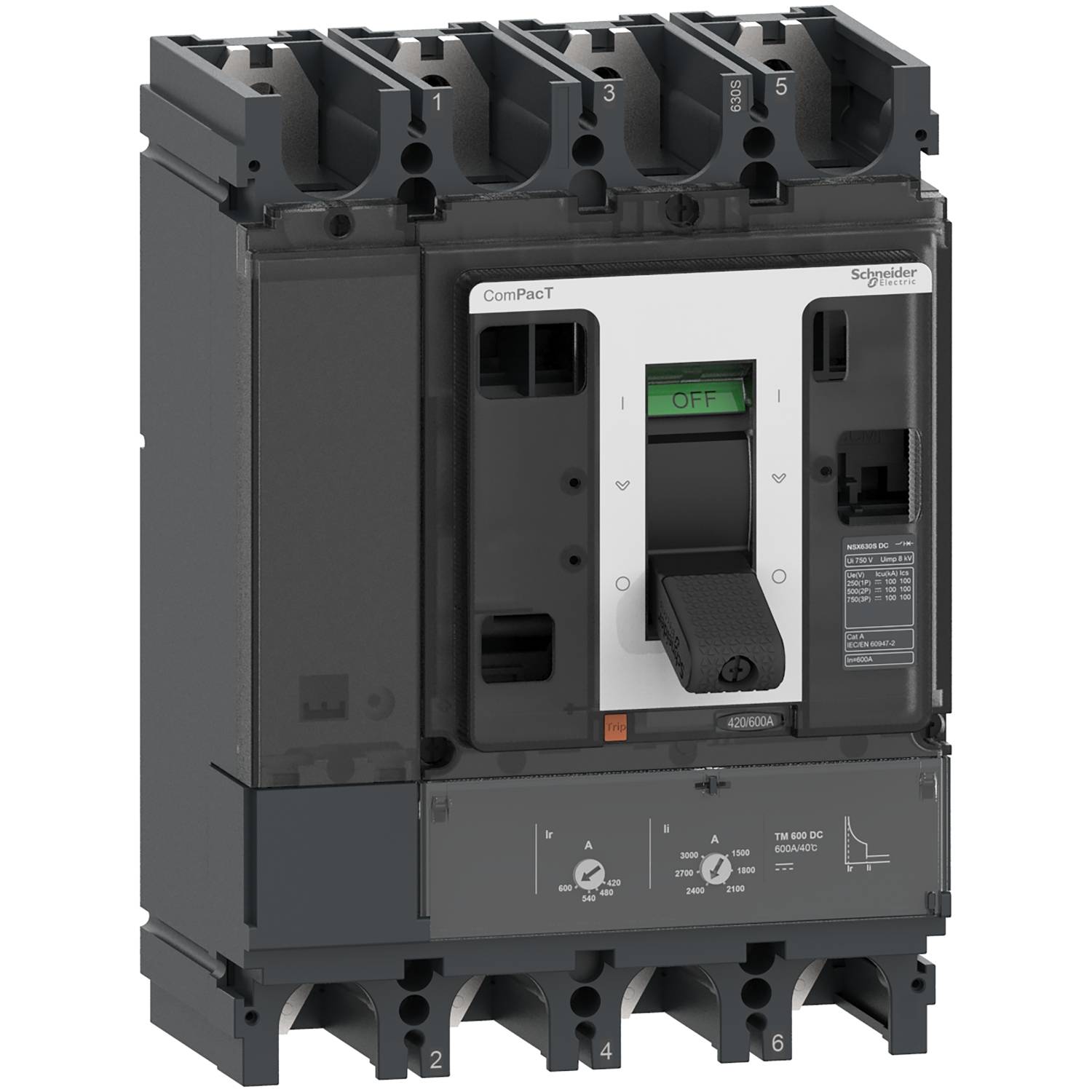'Un interruttore automatico con la scritta "Schneider Electric" e "OFF". Dispone di diverse posizioni di commutazione e morsetti di connessione.'