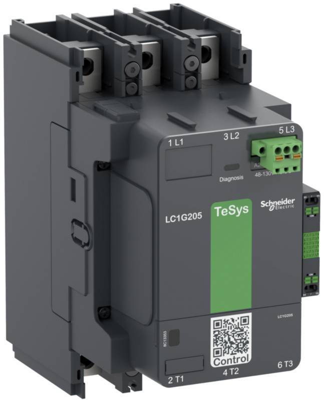 'Schneider Electric LC1G205 dispositivo di contattore' con tre connessioni in alto, un codice QR in basso e la scritta verde 'TeSys'.