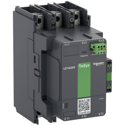 'Schneider Electric LC1G205 dispositivo di contattore' con tre connessioni in alto, un codice QR in basso e la scritta verde 'TeSys'.