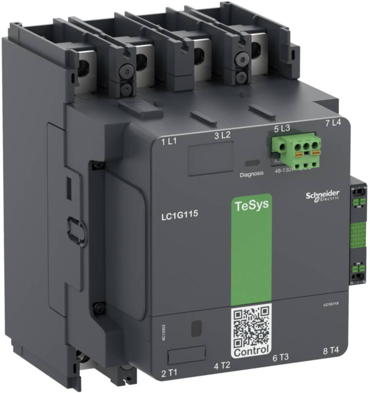Un contattore digitale LC1G115 di Schneider Electric, parte della serie TeSys. Mostra i morsetti, il LED di diagnostica e il codice QR per le informazioni di controllo.