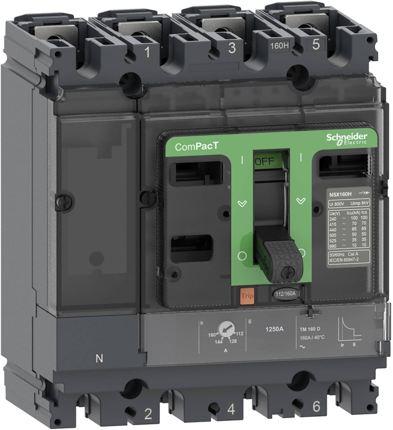 Un interruttore magnetotermico di Schneider Electric con frontale verde e scritte. Modello: ComPacT NSX160H.