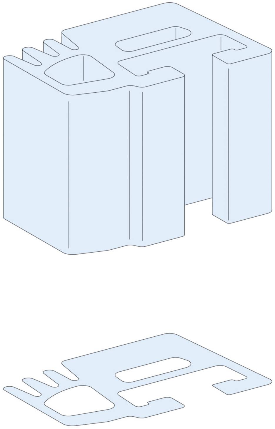Disegno tecnico tridimensionale mostra un componente diviso in due parti, composto da un corpo principale rettangolare e una piastra piatta.