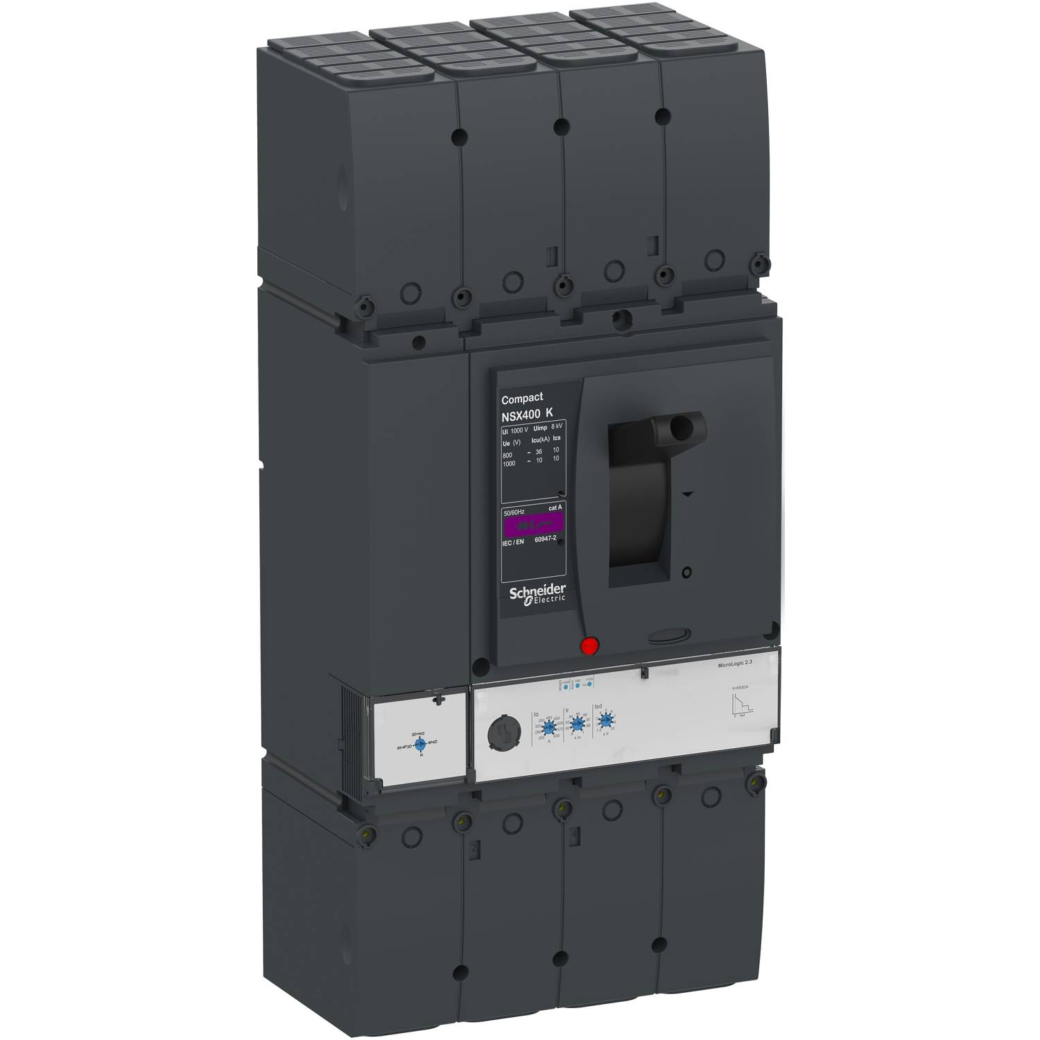 Interruttore magnetotermico in grigio con leva e indicatori di stato, design compatto, idoneo per applicazioni elettriche industriali.