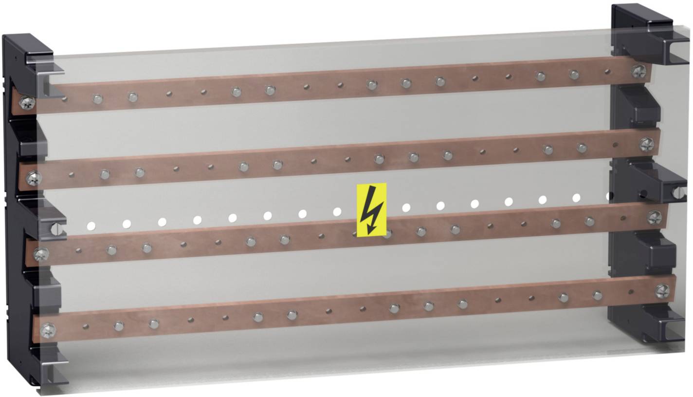 Un componente elettrico trasparente con diverse strisce metalliche orizzontali e un simbolo di avvertimento per l'alta tensione al centro.