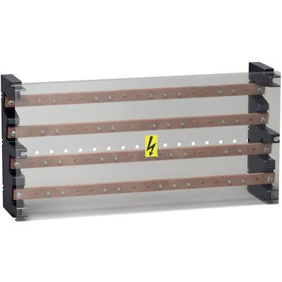 Un componente elettrico trasparente con diverse strisce metalliche orizzontali e un simbolo di avvertimento per l'alta tensione al centro.