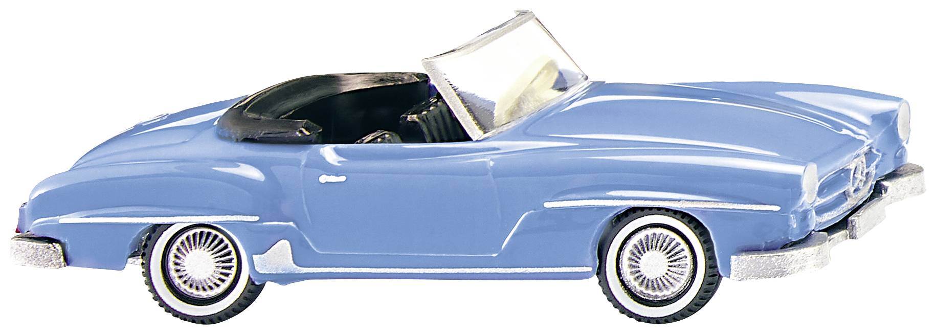 Un'auto giocattolo blu a forma di cabrio con dettagli argentati è posizionata davanti a uno sfondo bianco.
