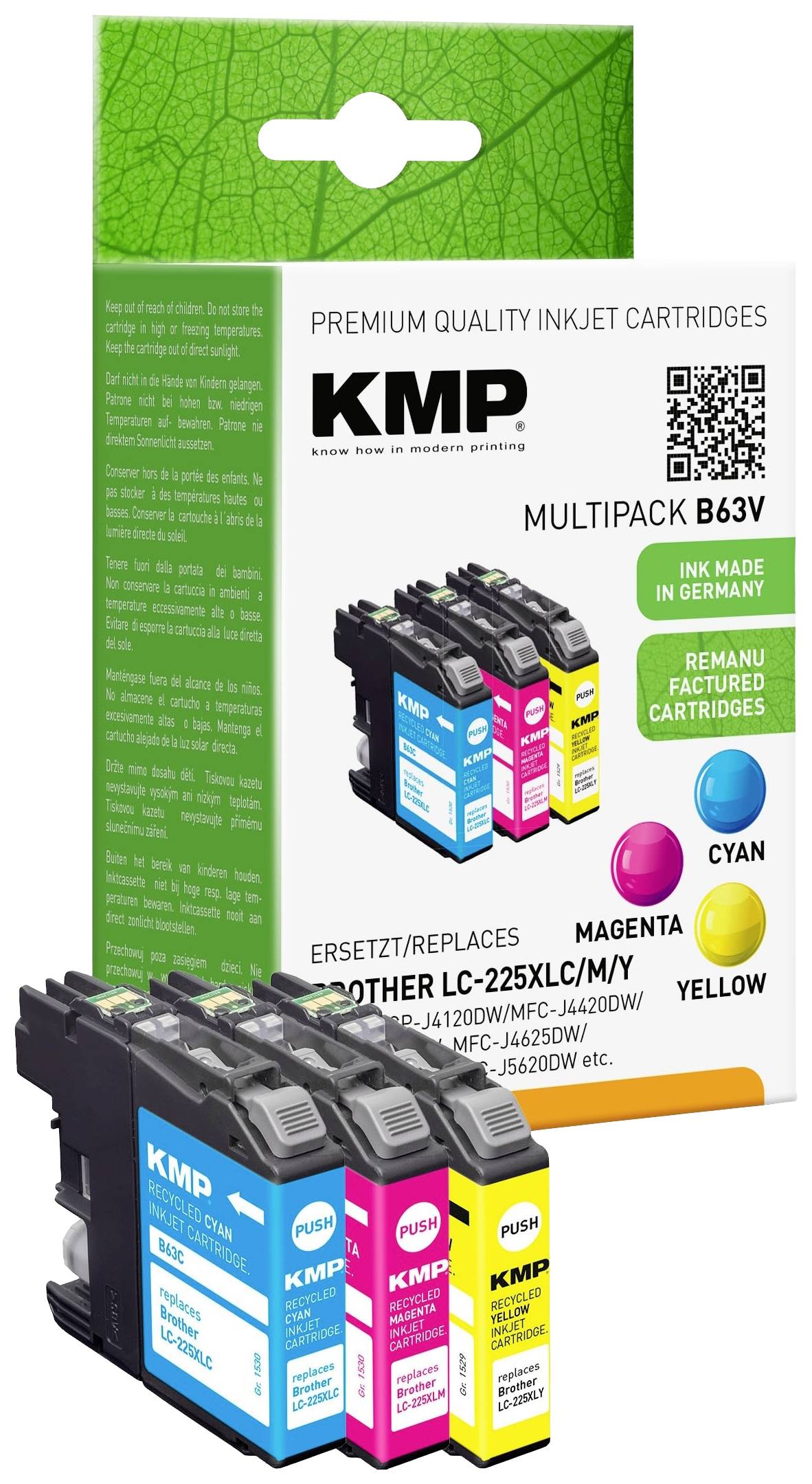 'KMP Multipack Cartucce d'Inchiostro B63V' con tre cartucce in Ciano, Magenta e Giallo, compatibili con Brother LC-225XLC/M/Y.