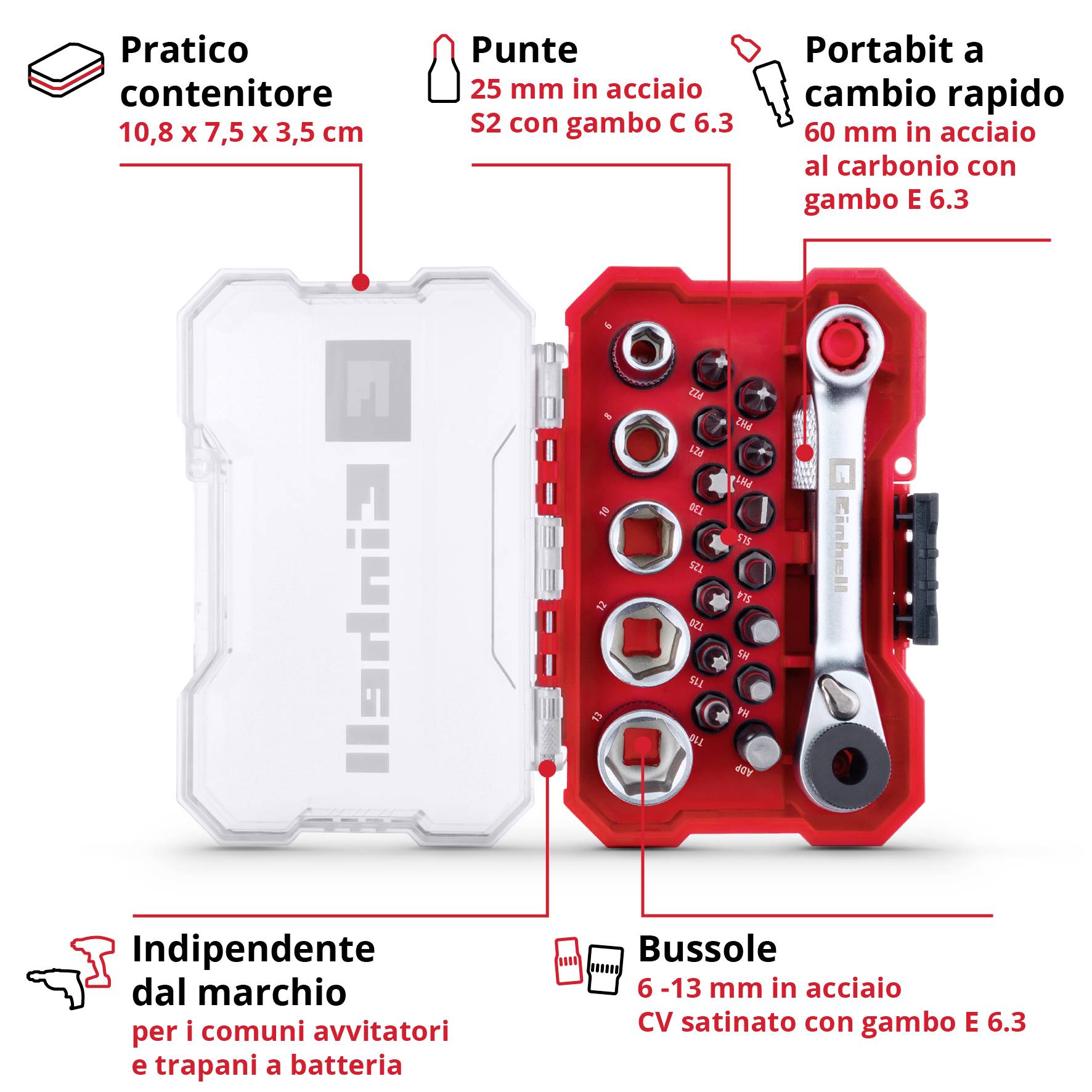 'Set di bit con set di cacciavite: Contiene bit in acciaio S2, portainserti a cambio rapido, chiave a bussola e pratica scatola per la conservazione.'