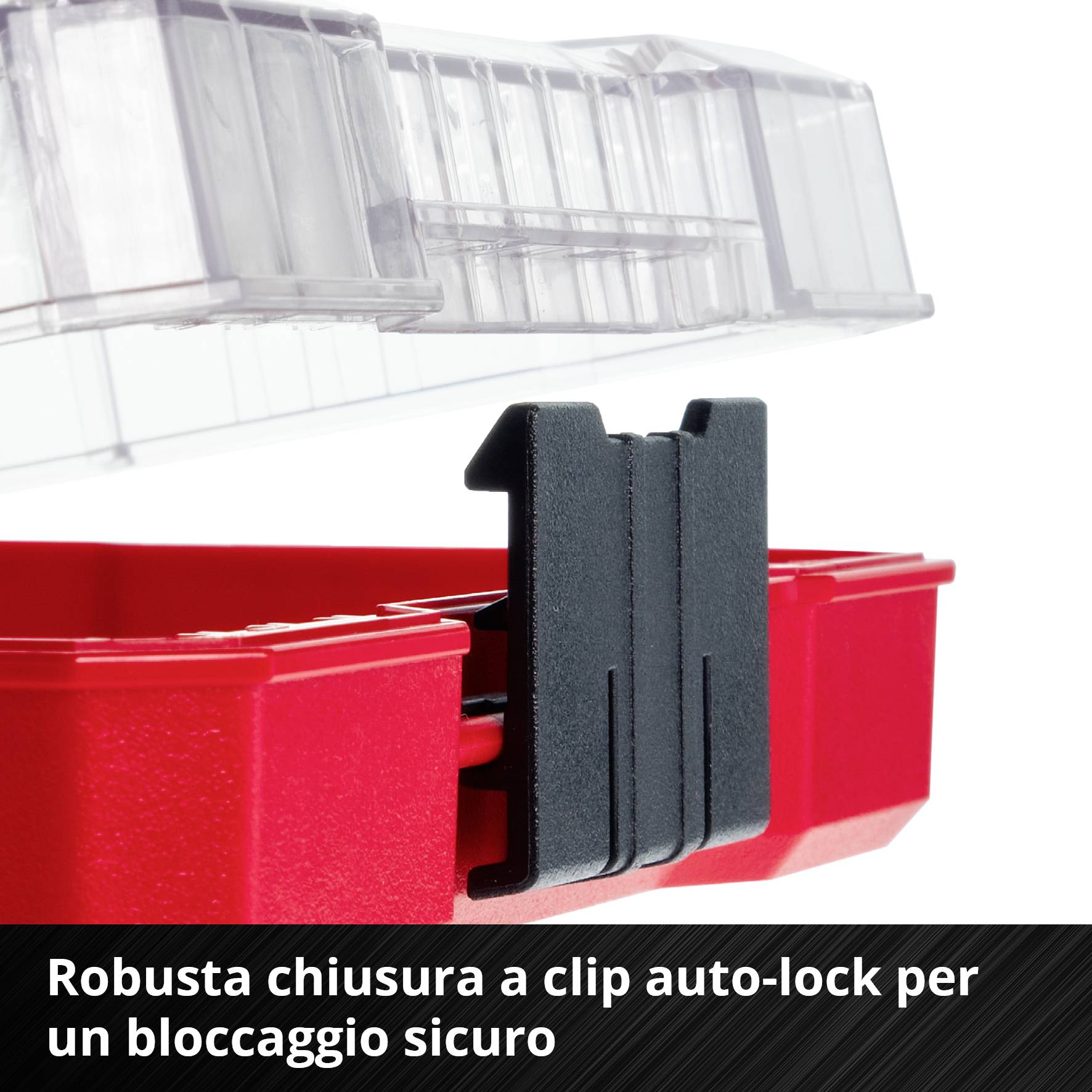 Custodia in plastica rossa con chiusura a clip auto-bloccante robusta. Testo in basso: 'Chiusura a clip auto-bloccante robusta per una chiusura sicura'.