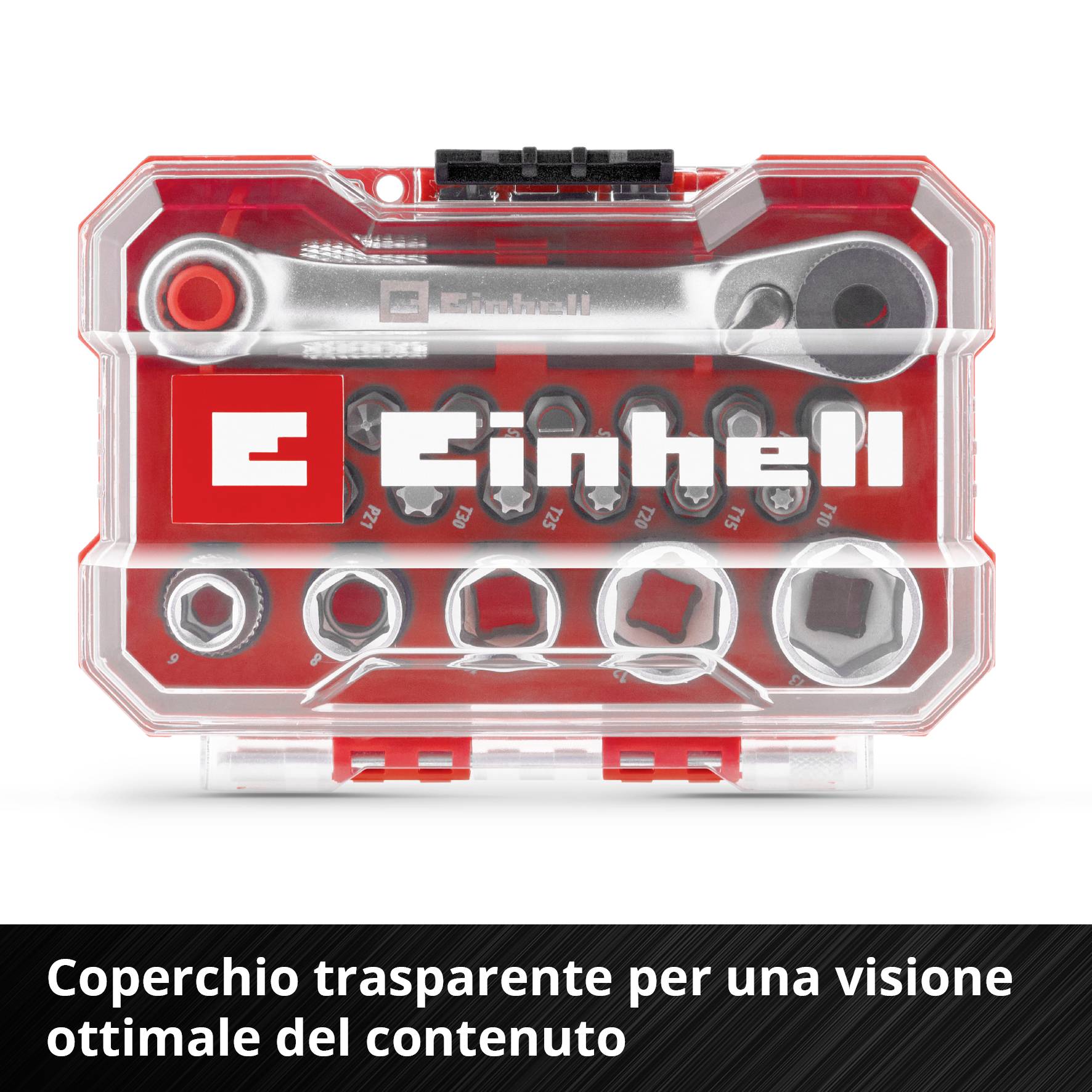 Un set di chiavi a bussola e bit in una scatola rossa trasparente con la scritta 'Einhell'.