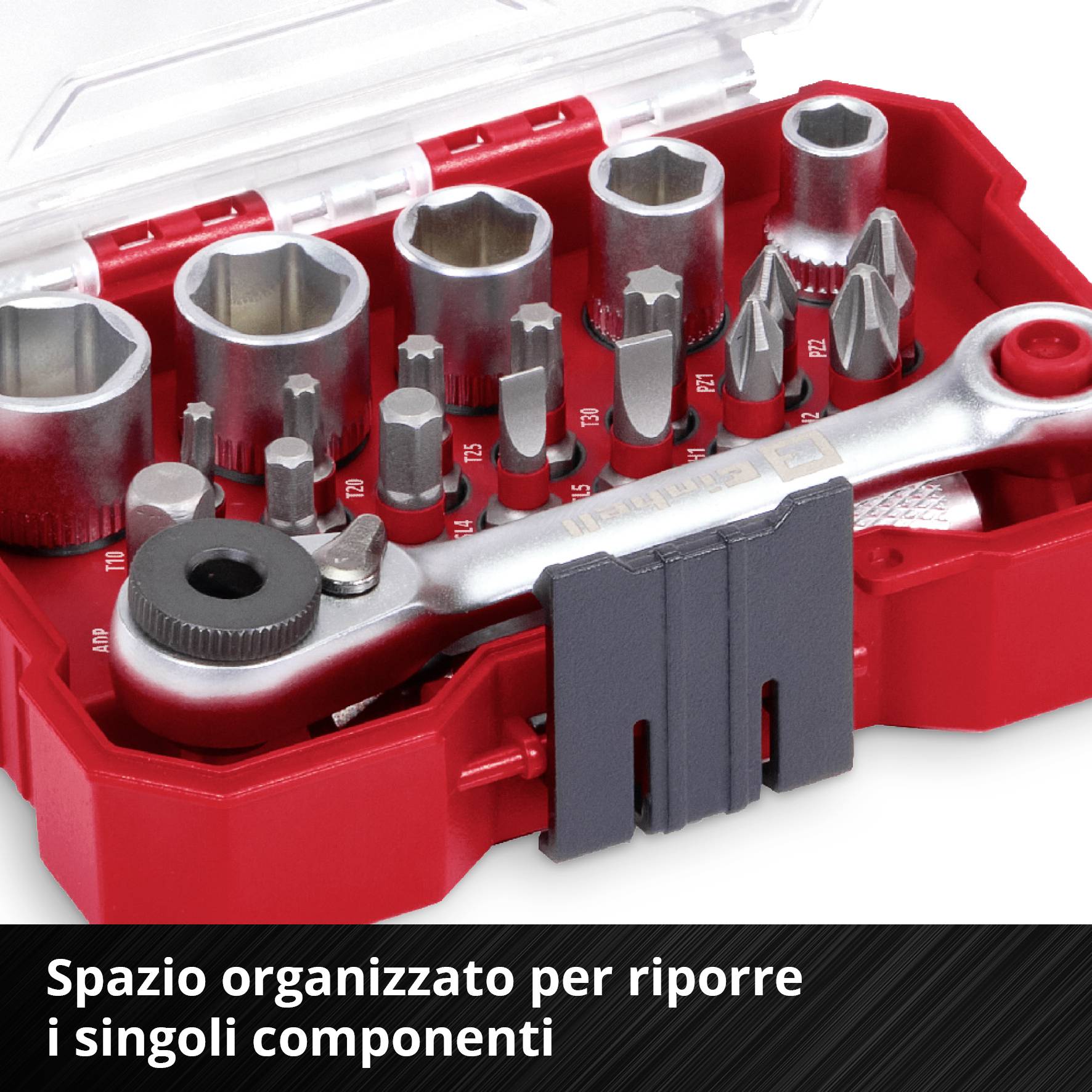 Un contenitore rosso con vari inserti per cacciavite e una chiave inglese. Testo: 'Spazio di stoccaggio organizzato per singoli componenti'.