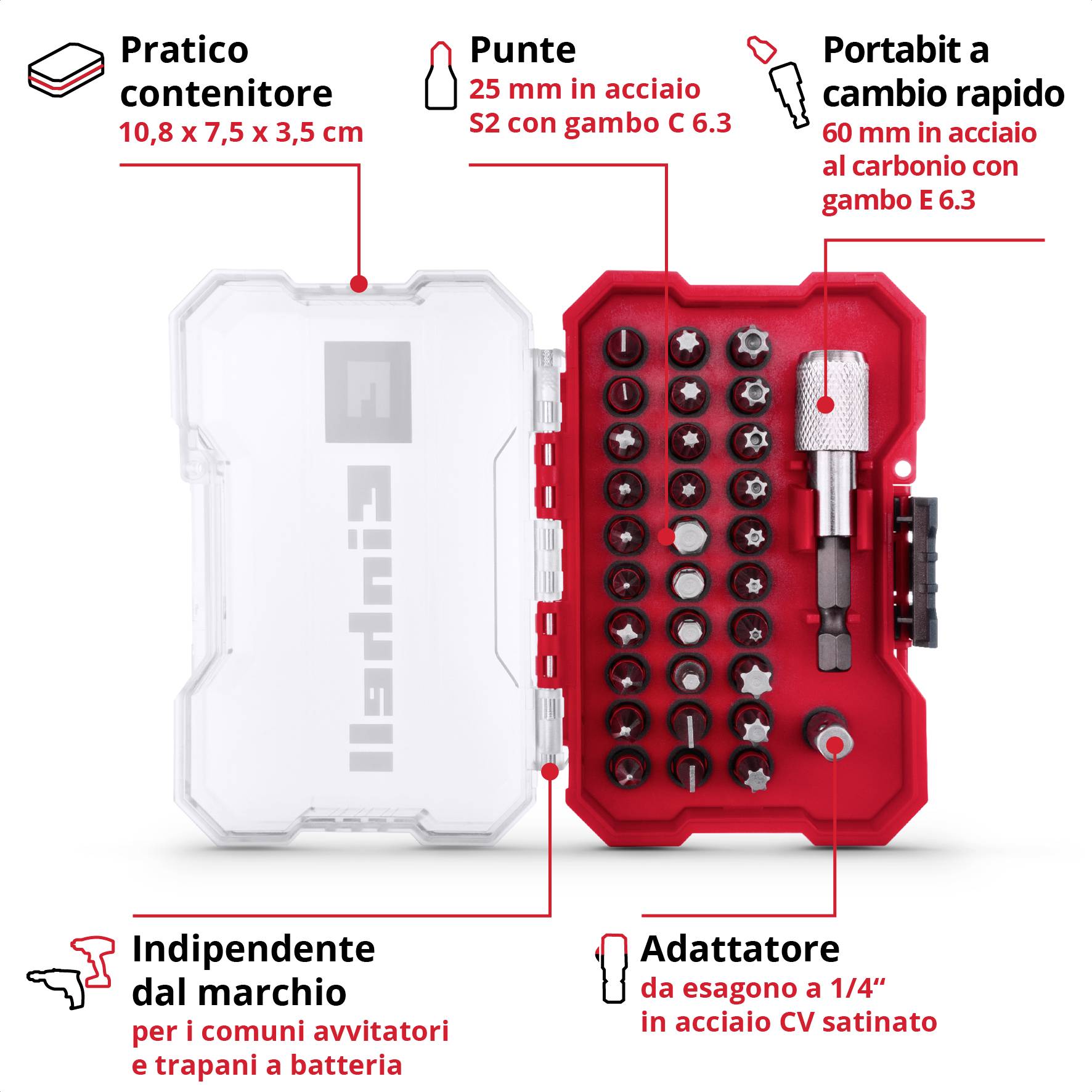 Bitsatz con custodia in plastica mostra diversi bit, portainserti rapidi e adattatori. Descrizione del contrassegno in rosso su sfondo bianco.