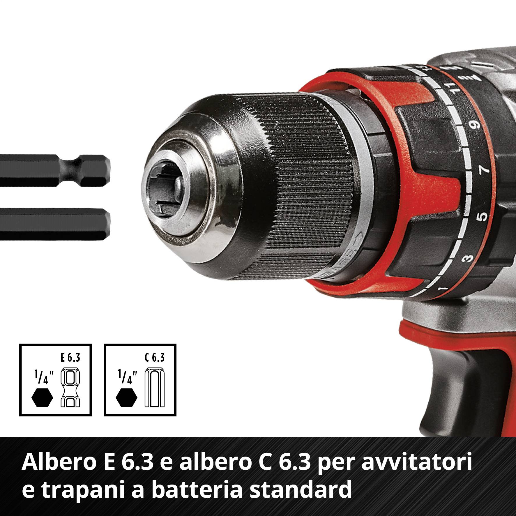 Avvitatore con due inserti portapunta intercambiabili; adatto per alloggiamenti E 6.3 e C 6.3.