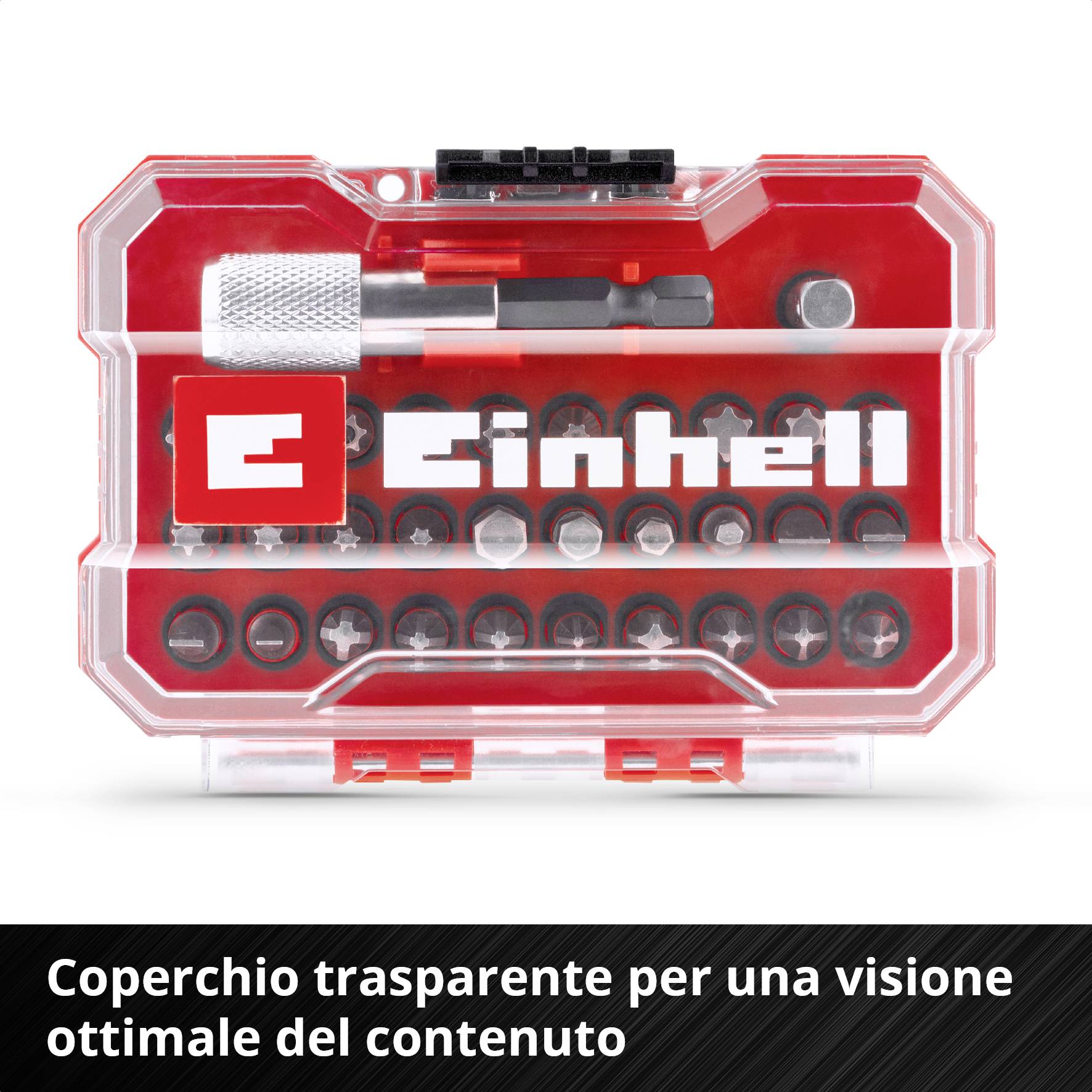 Un set rosso con diversi bit e un cacciavite, in una scatola trasparente con il logo e il nome del marchio.