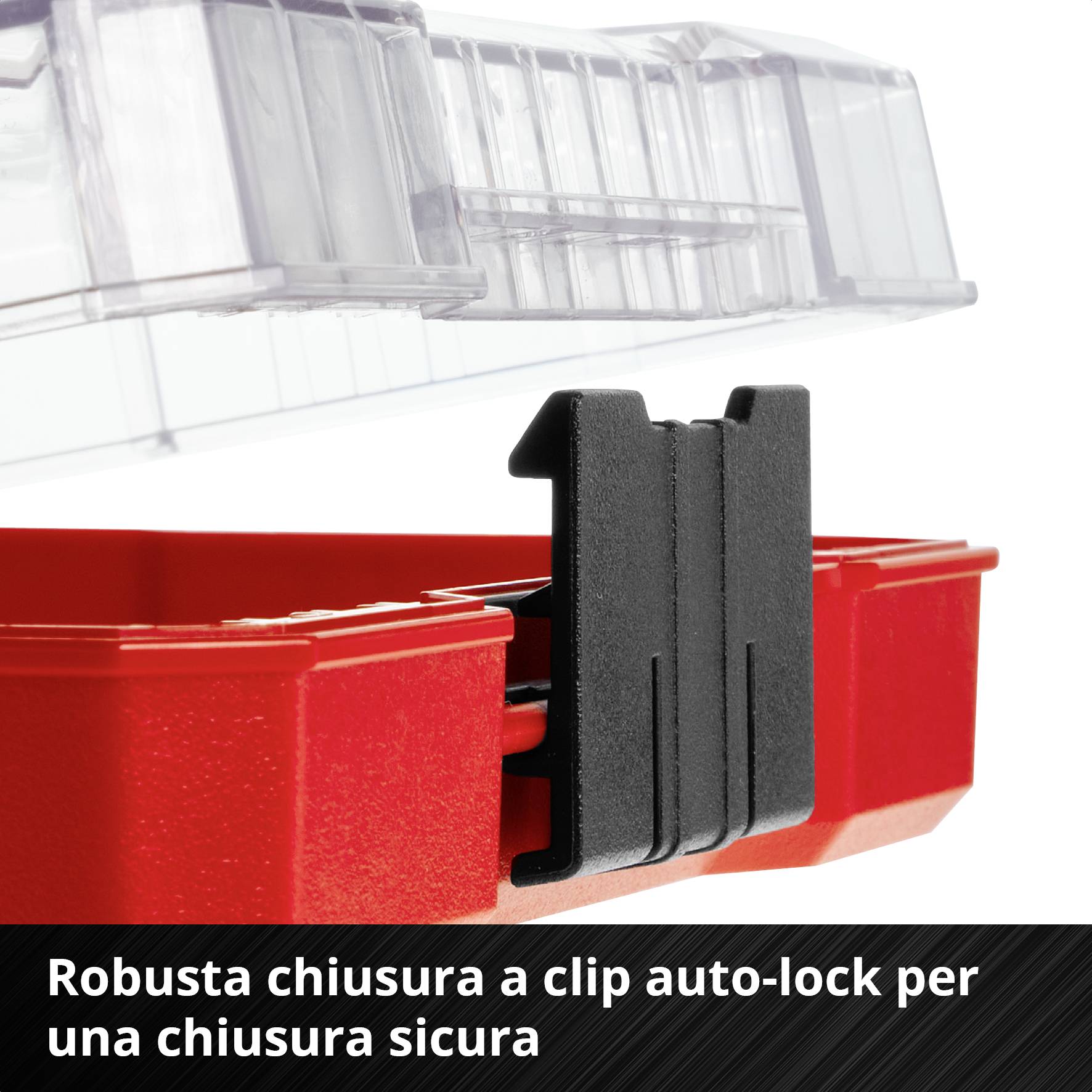 Clip di chiusura automatica robusto per una chiusura sicura su contenitore rosso con coperchio trasparente.