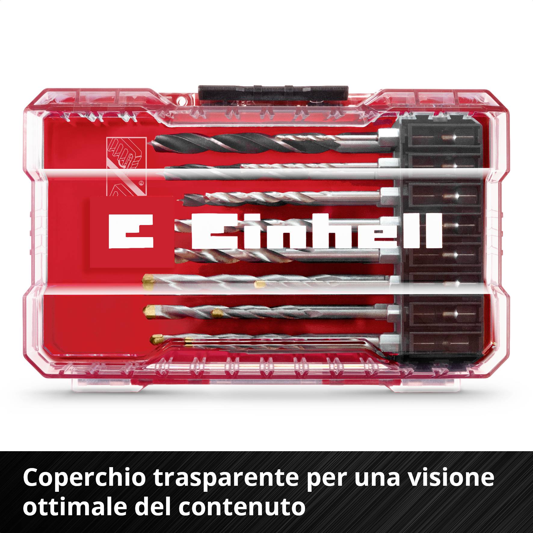 Set di punte Einhell in scatola trasparente in plastica con diversi tipi di punte, idoneo per metallo e calcestruzzo. Base nera.
