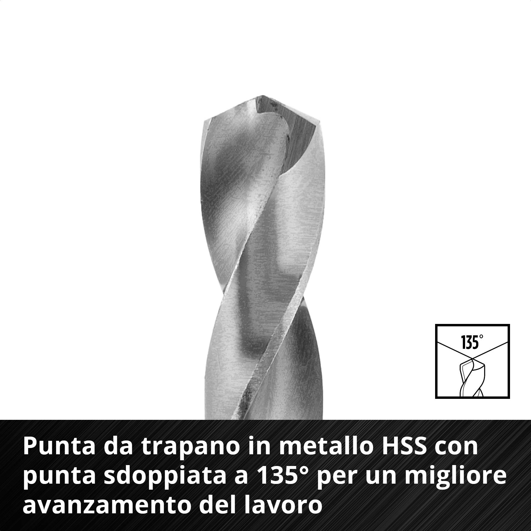 'Punte per metallo HSS con punta Split-Point a 135° per un migliore avanzamento del lavoro.' Immagine di una punta per metallo e pittogramma con indicazione dell'angolo.