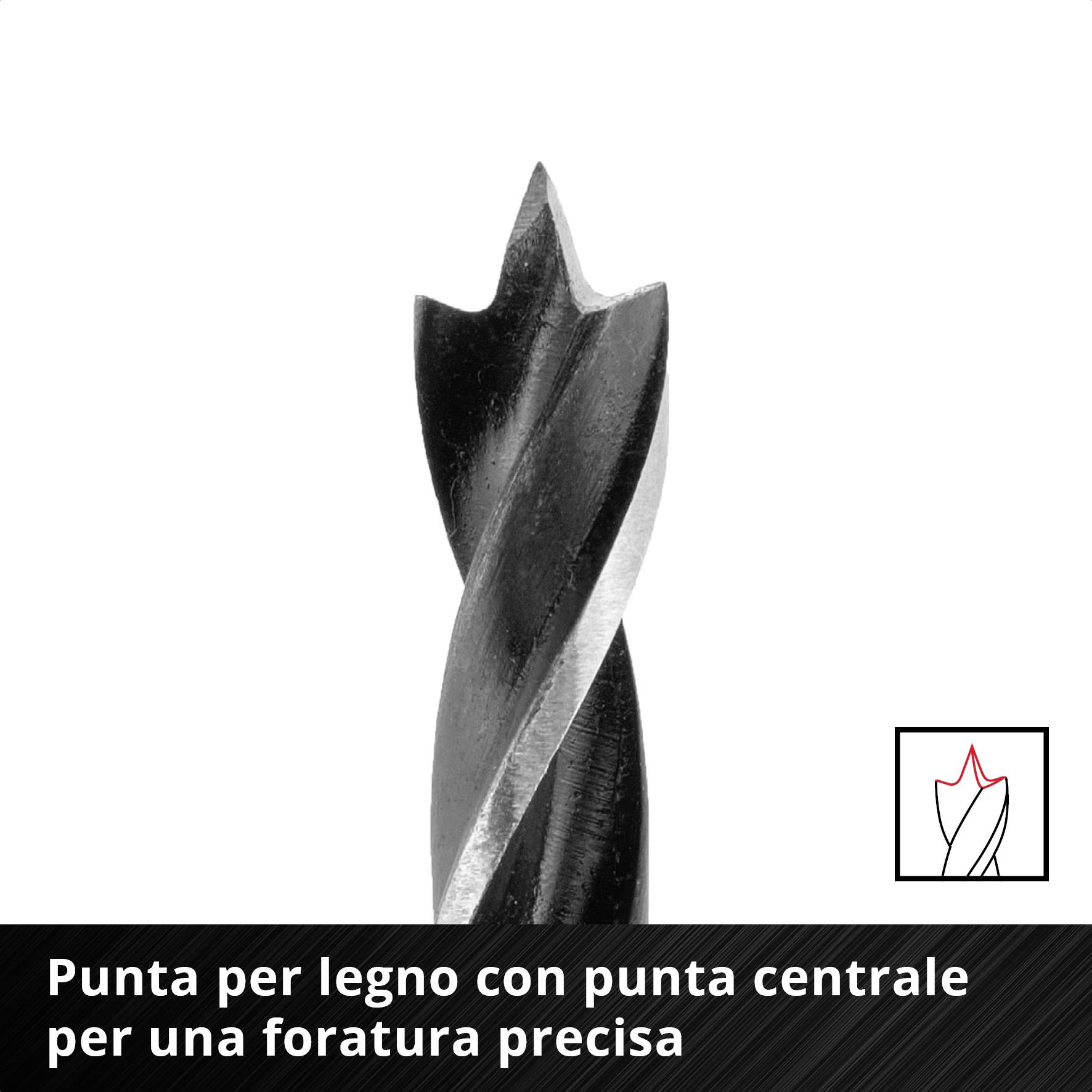 Punta per trapano in legno con punta di centraggio per forature precise, raffigurata su sfondo bianco.