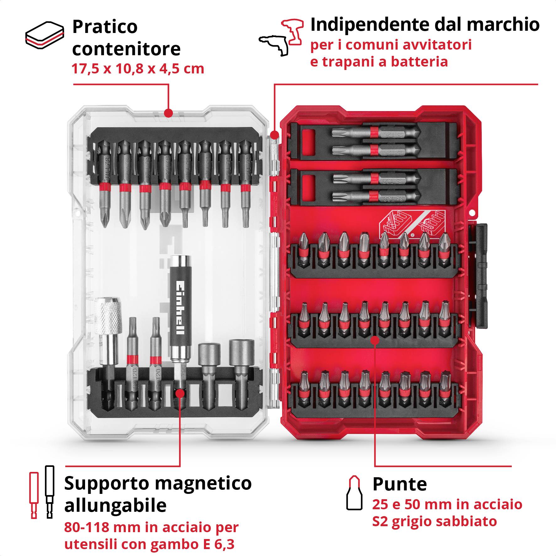 Un set di inserti e punte per cacciavite in una scatola trasparente, etichettato per utensili a batteria e trapani, con supporto magnetico.