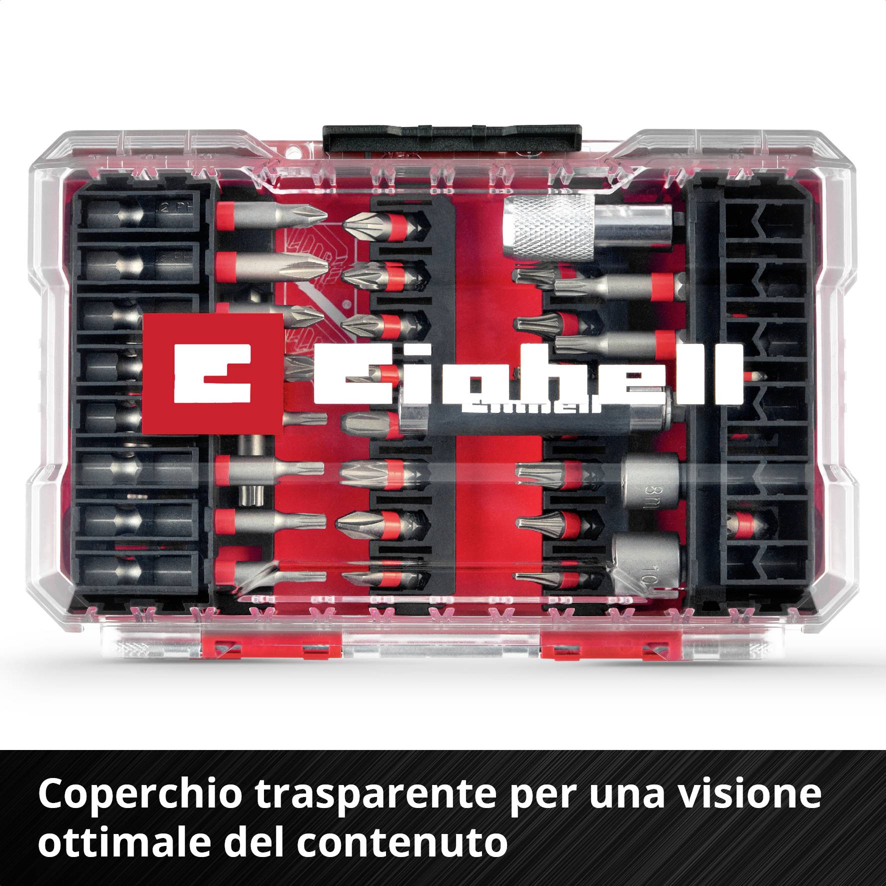 Set di bit per avvitatore e punte in custodia trasparente. Testo: 'Coperchio trasparente per una visione ottimale del contenuto'.