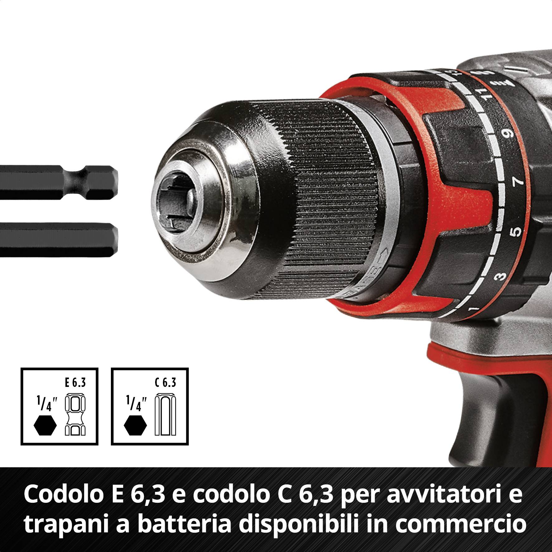 'Avvitatori e trapani con attacco E 6.3 e C 6.3. Compatibili con dispositivi commerciali. Connessione esagonale illustrata.'