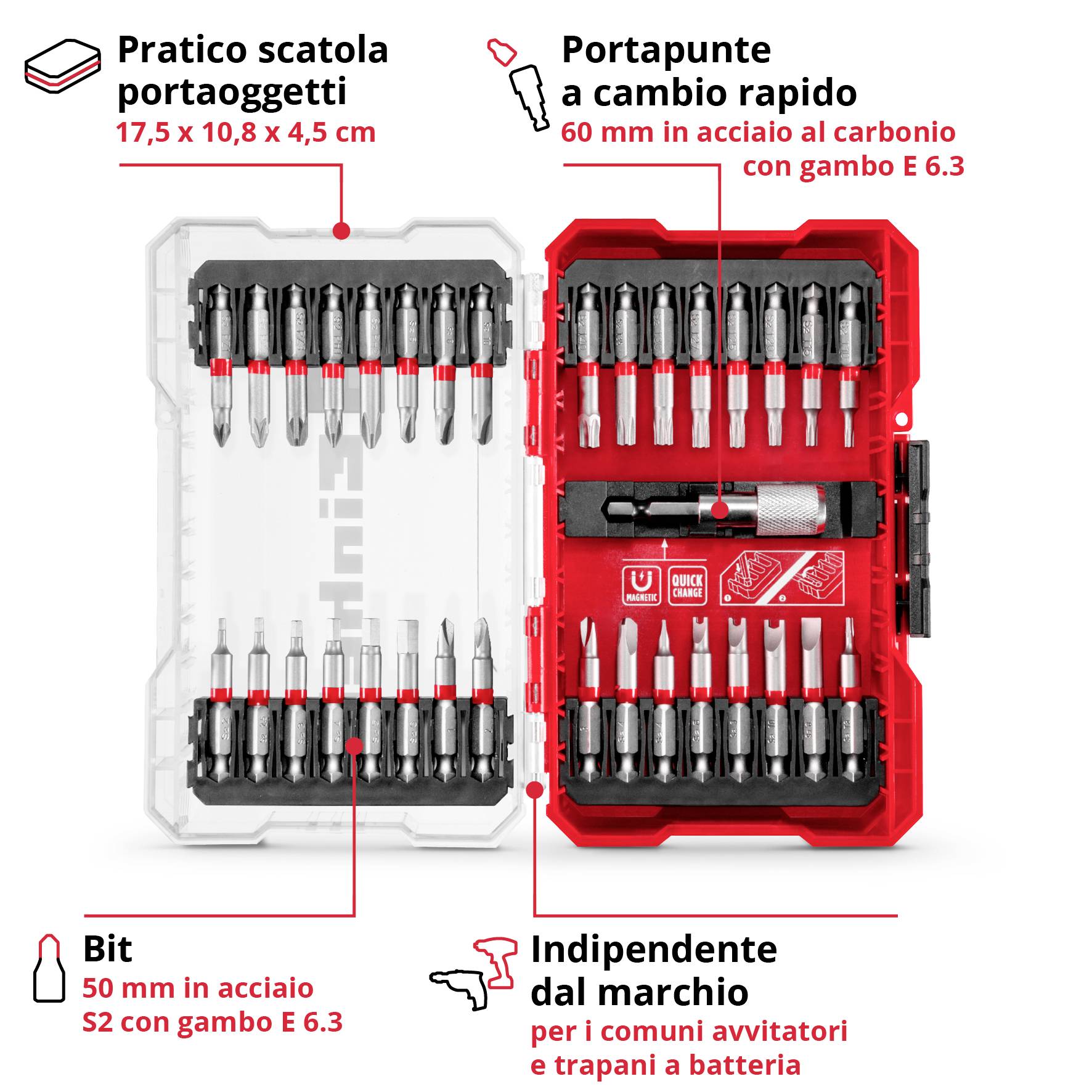 'Pratica scatola di stoccaggio con bit e supporto per bit a cambio rapido, compatibile con avvitatori e trapani a batteria standard.'