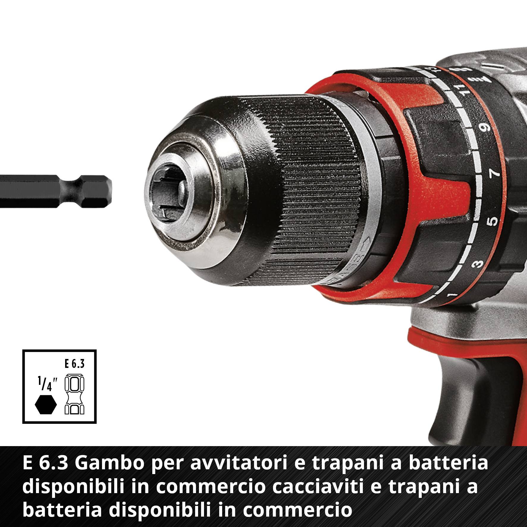 E6.3 Mandrino con attacco per trapani, raffigurato con un inserto nero. Testo sotto l'immagine: 'E 6.3 Attacco per avvitatori e trapani comunemente in commercio'.