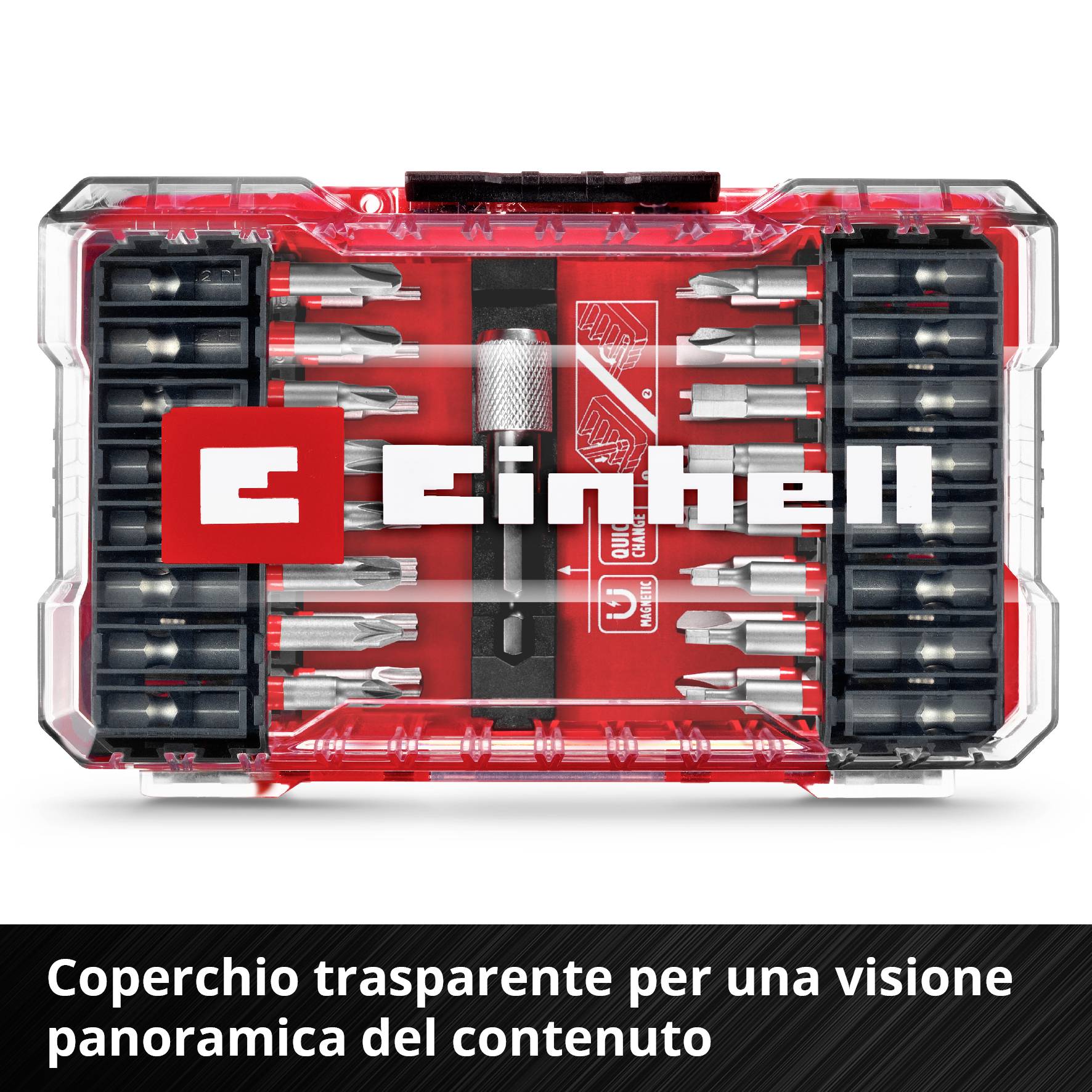 Set di punte in scatola trasparente con logo e testo 'Coperchio trasparente per una visione ottimale del contenuto' sotto.