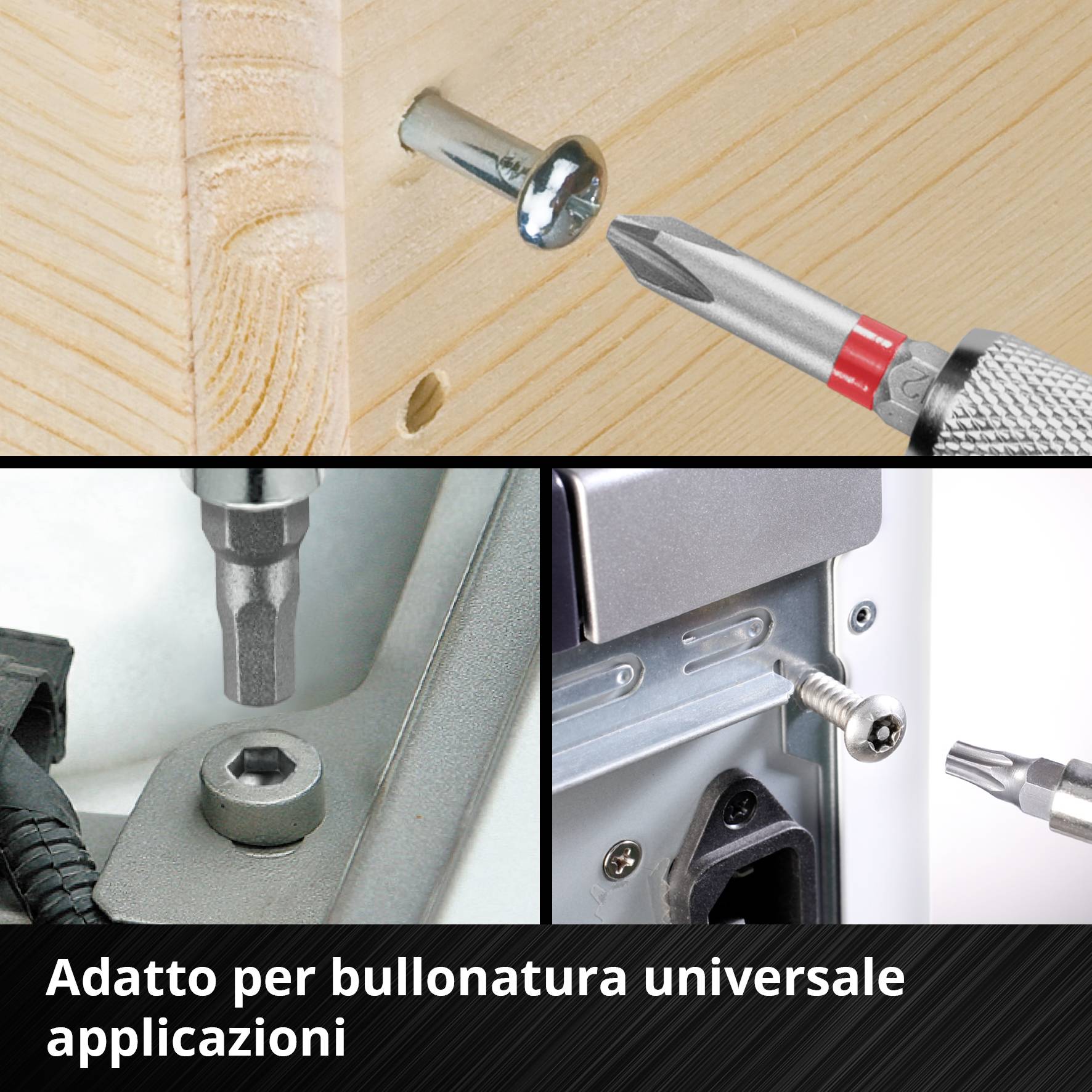 Quattro immagini mostrano diversi scenari di avvitamento con un cacciavite rosso. Testo: 'Adatto a casi di avvitamento universali'.