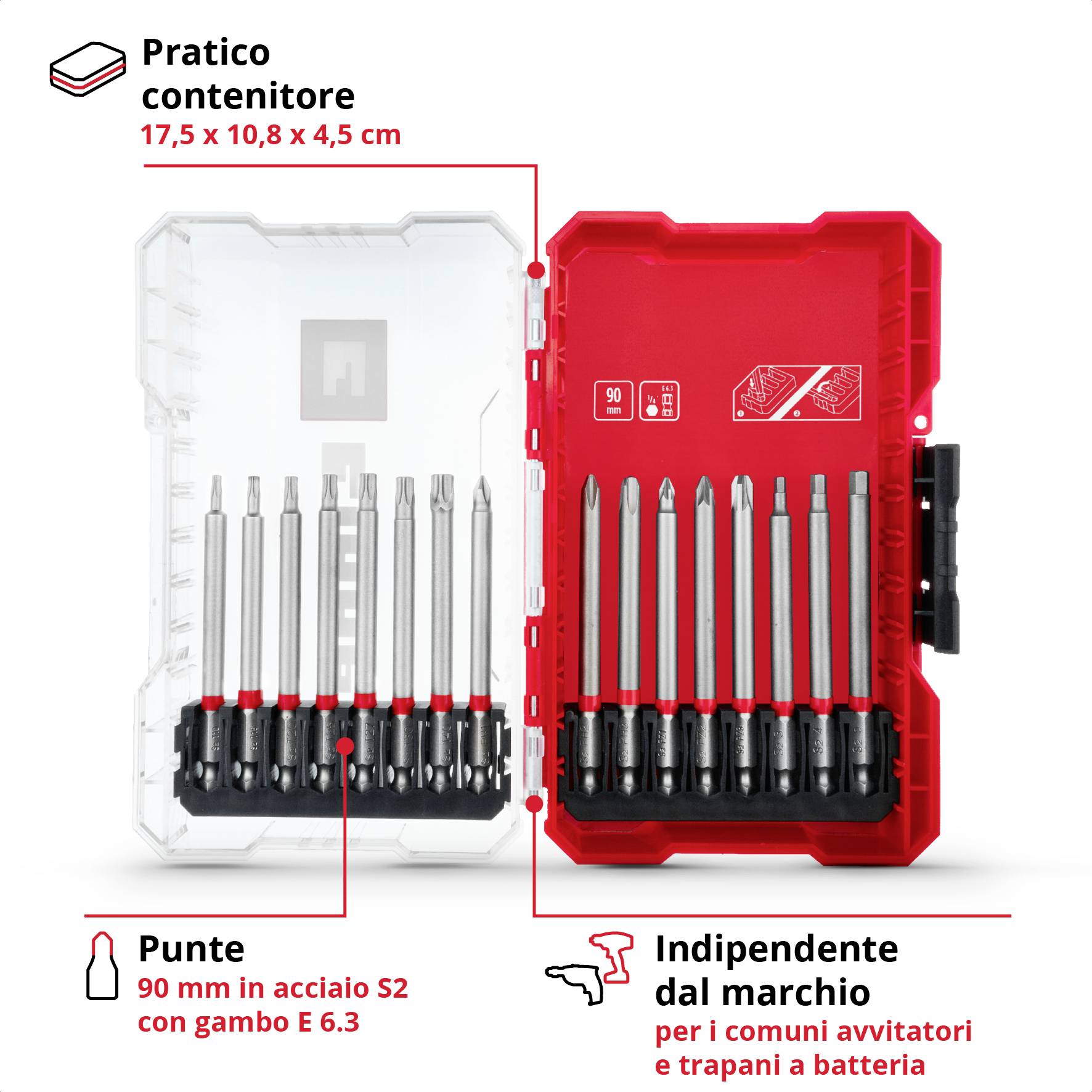 'Pratica scatola portautensili con inserti in acciaio S2, 90 mm, attacco esagonale E 6.3. Compatibile con tutti i marchi di avvitatori e trapani a batteria.'