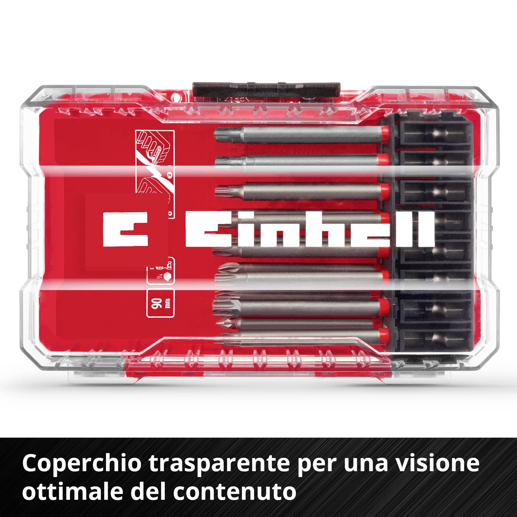 Contiene sei punte e inserti per cacciavite in una scatola trasparente di plastica. Testo sulla scatola: 'Einhell'.