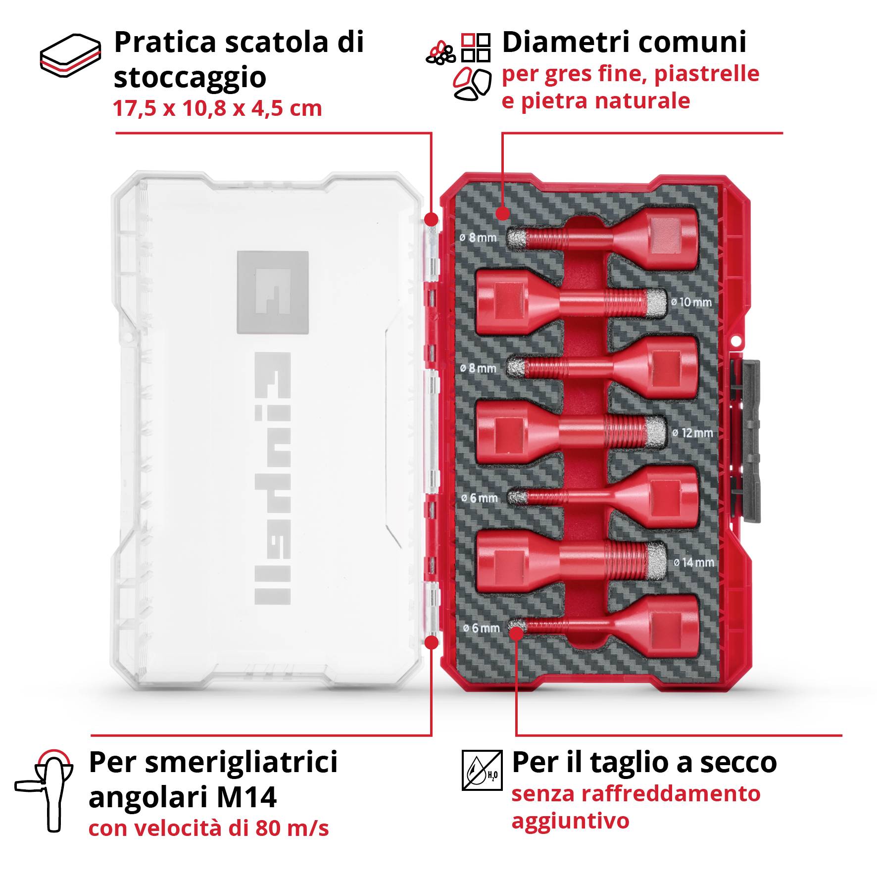 Contenitore per la conservazione di corone diamantate per taglio a secco, compatibile con smerigliatrice angolare M14. Dimensioni: 17,5 x 10,8 x 4,5 cm. Adatto per piastrelle.