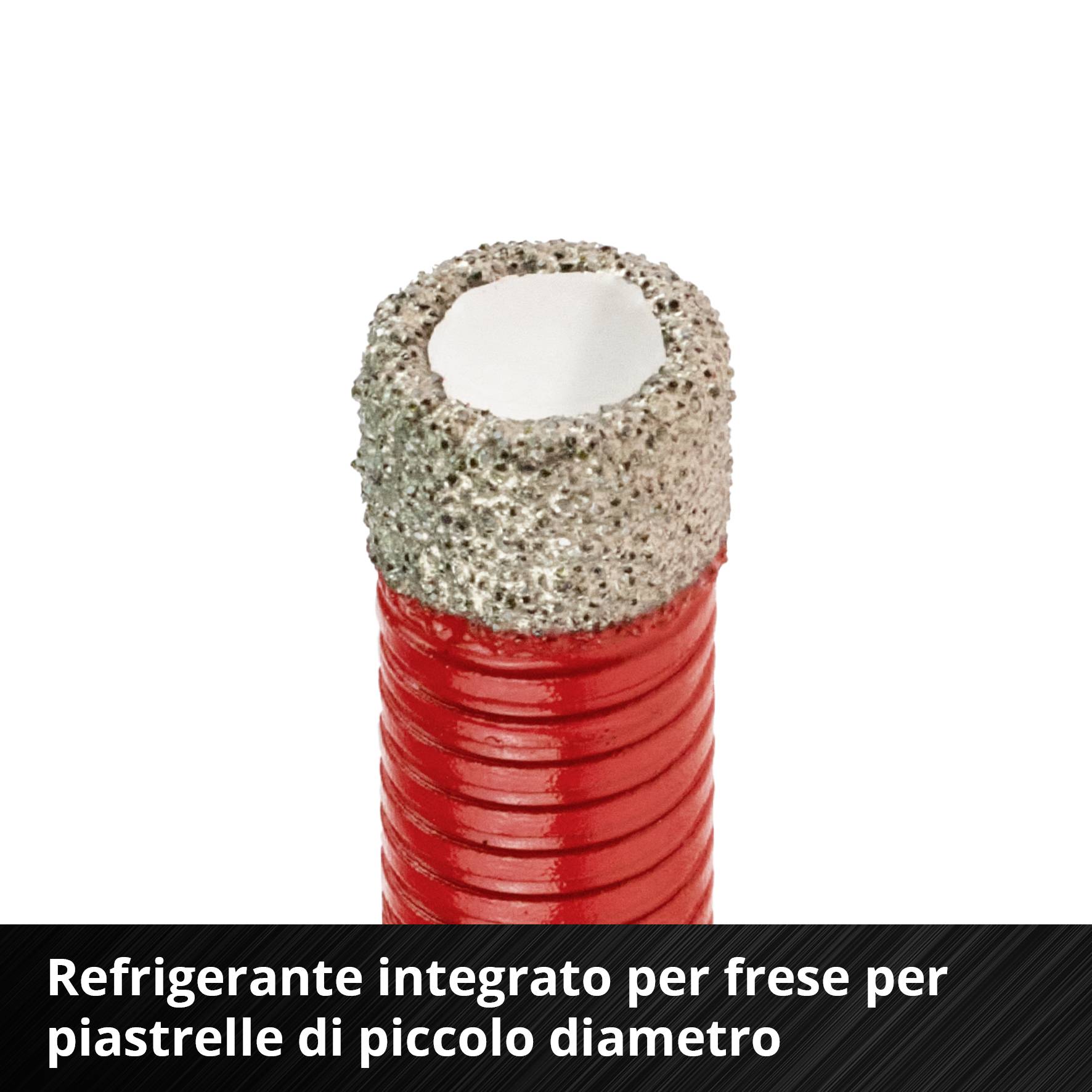 Supporto per trapano con raffreddamento integrato, adatto per forare piastrelle con piccolo diametro. Asta rossa, punta grigia.