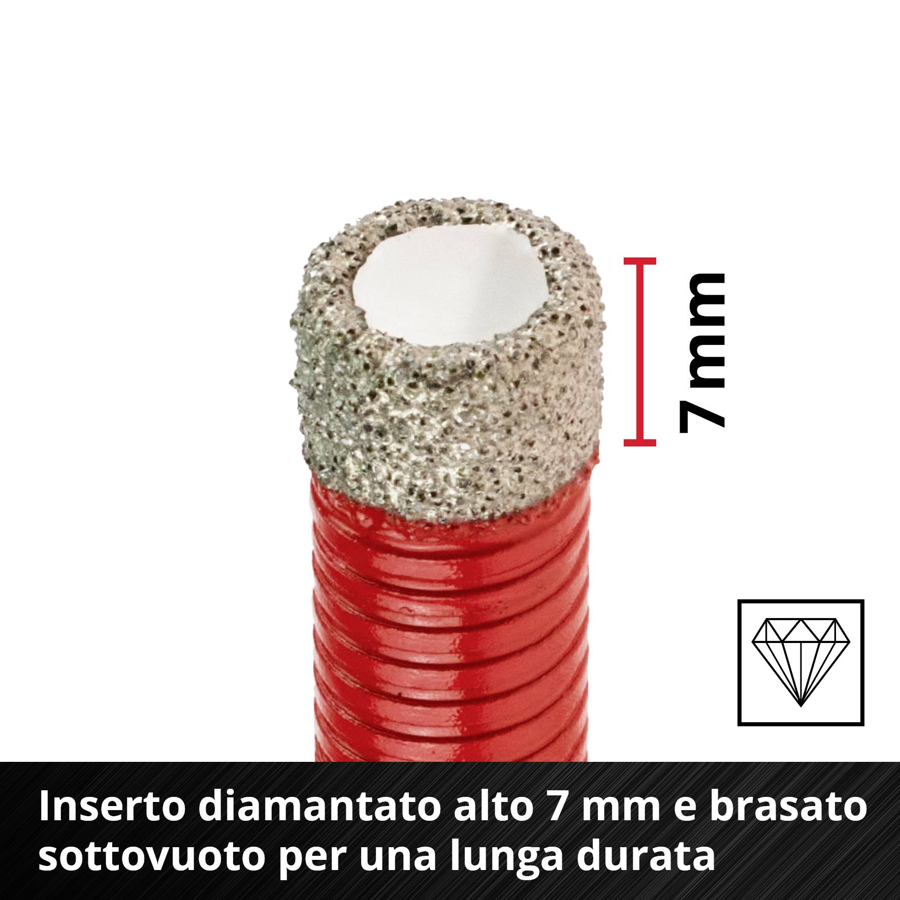 "Tubo rosso con rivestimento diamantato alto 7 mm, saldato sottovuoto per una lunga durata." Il testo indica l'altezza e simboleggia la qualità.