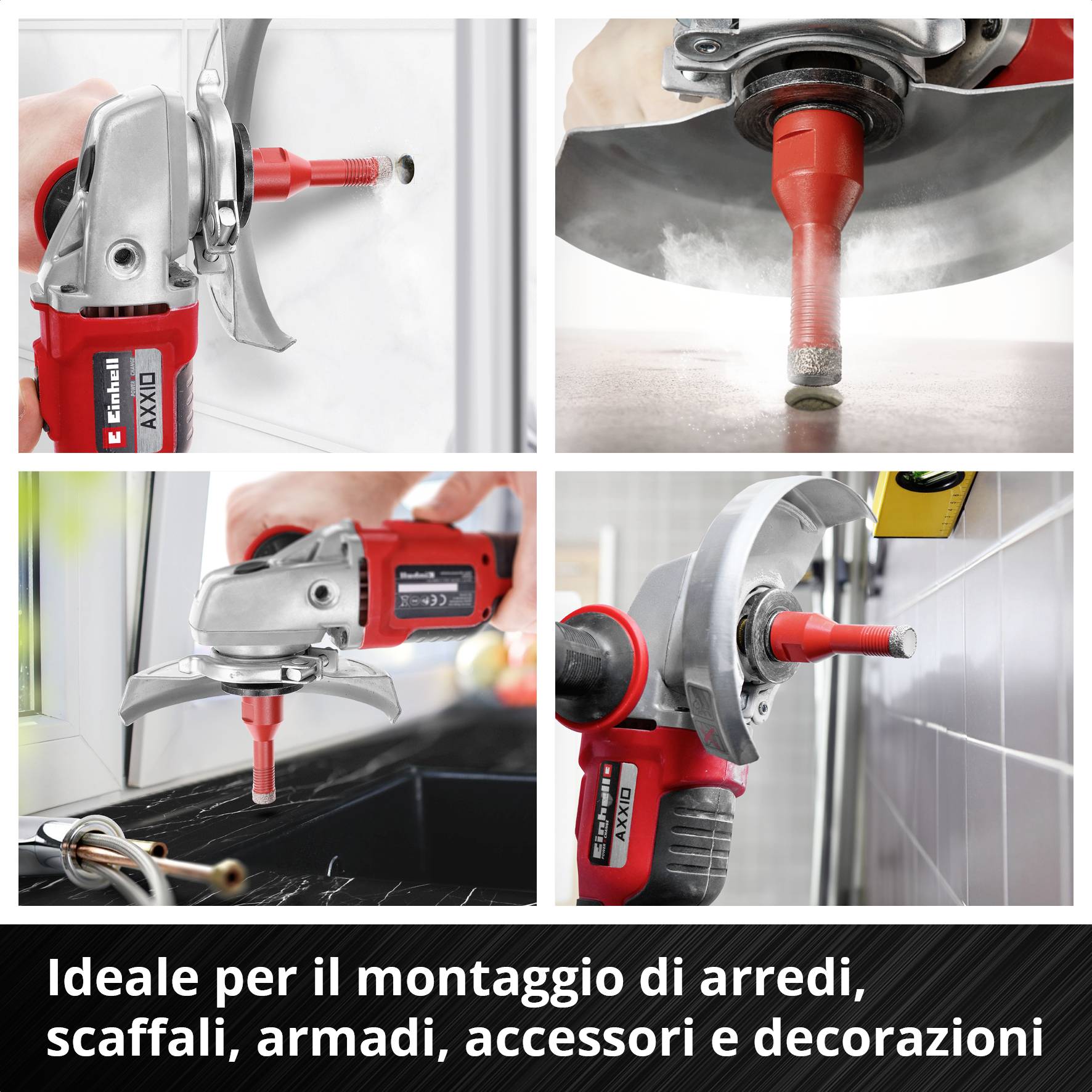 Quattro immagini mostrano utensili durante il montaggio di rubinetti, scaffali e armadi. Testo: 'Ideale per montare rubinetti, scaffali, armadi, accessori e decorazioni'.